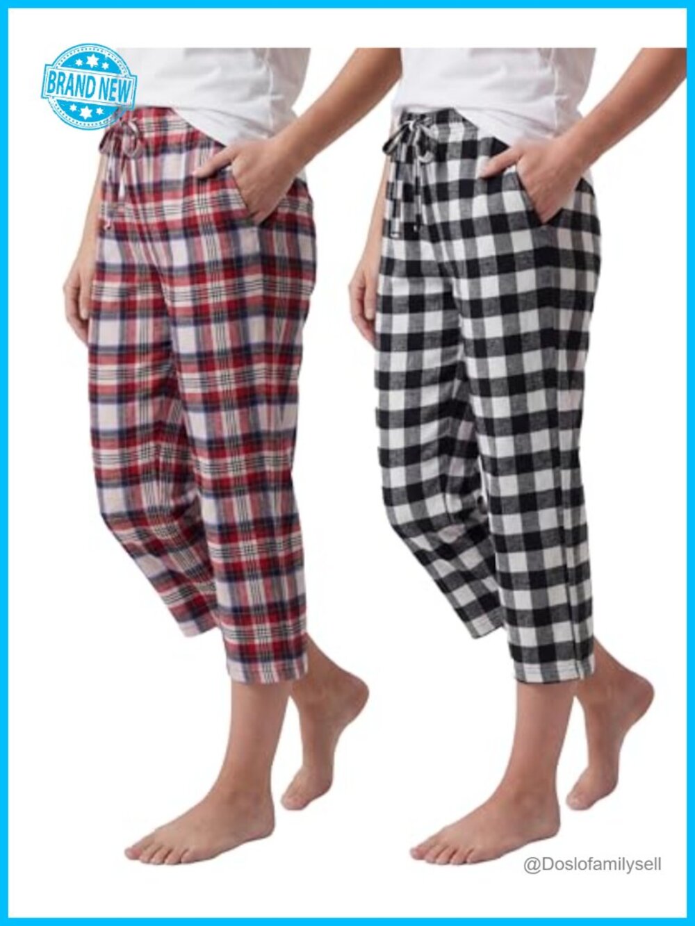 Capri Flannel Pajama Lounge Pants Cotton Blend Drawstring Pockets